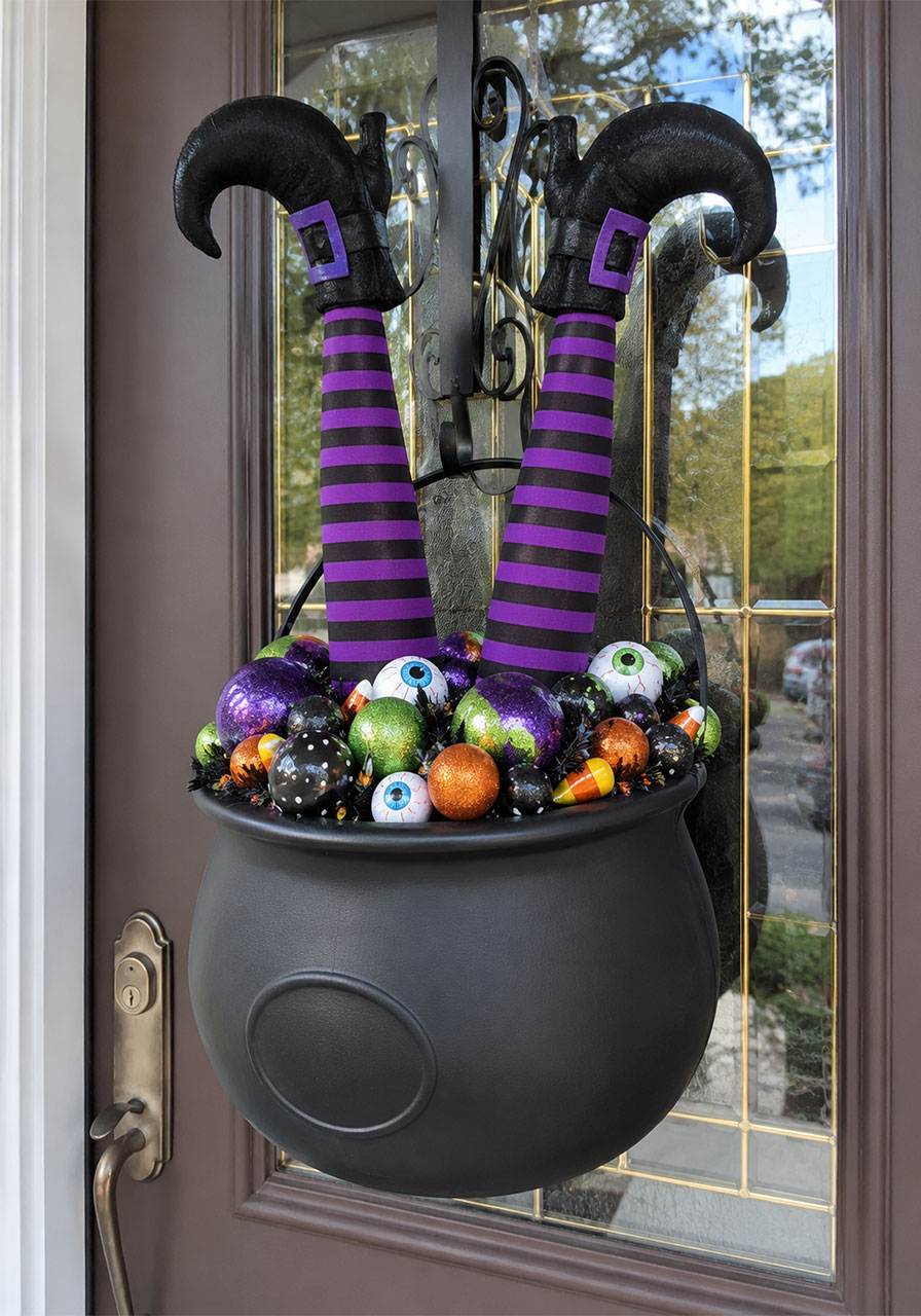 DIY witch legs cauldron Halloween front door decoration