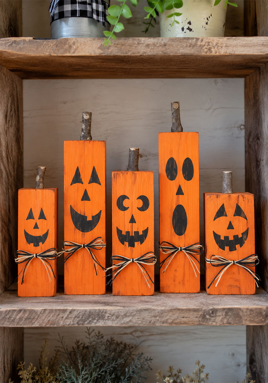 DIY reusable wooden block pumpkin Halloween decoration craft