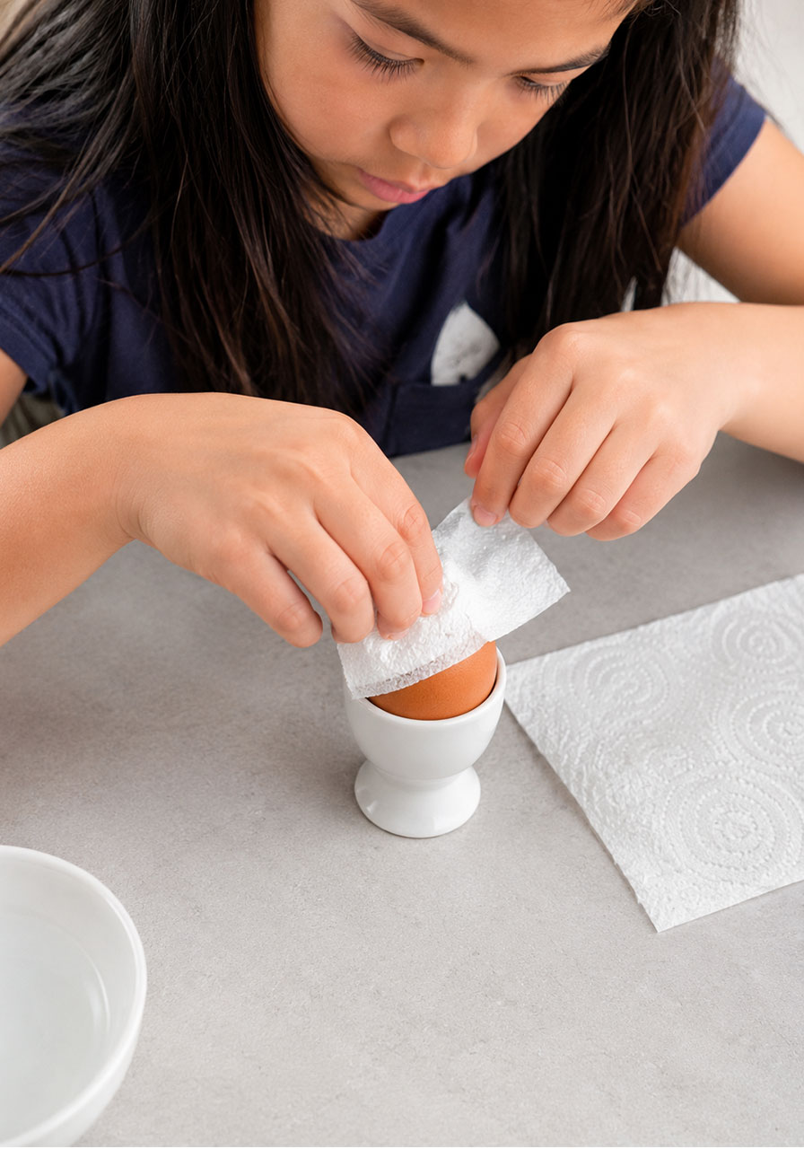 Child wrapping a damp paper towel around an egg before sprinkling chia seeds