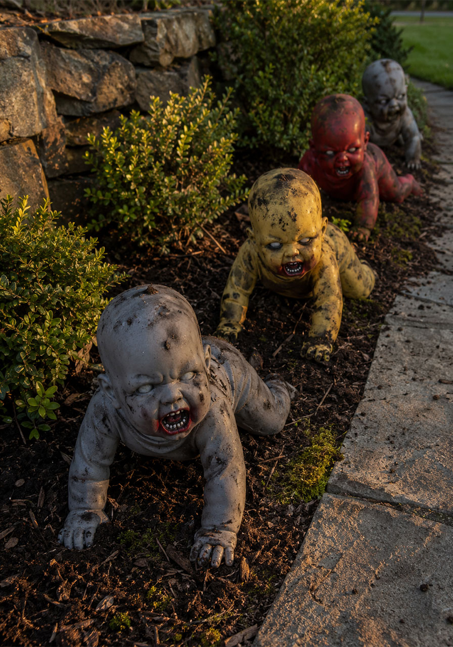 Zombie baby dolls crawling out of garden bed for Halloween yard decoration