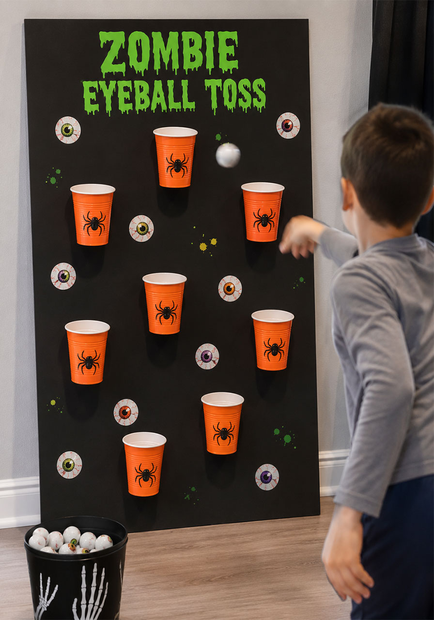 DIY zombie eyeball toss Halloween party game board for kids
