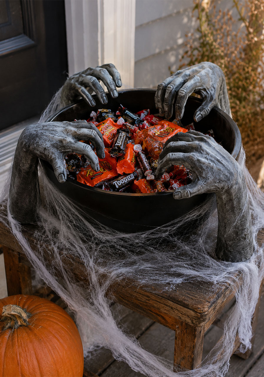 Zombie hand prop candy bowl DIY for trick-or-treaters on Halloween porch